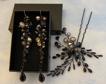 Black earrings long clusters Black hair pin Statement Luxe jewelry set with black Pearls Elegant black earrings long matching Black hairpin