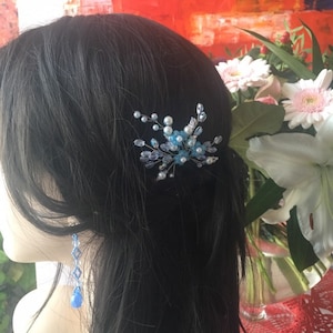 Blue Floral Bridal Hair Pin: Crystal & Pearl Wedding Hairpiece Bridesmaids gift