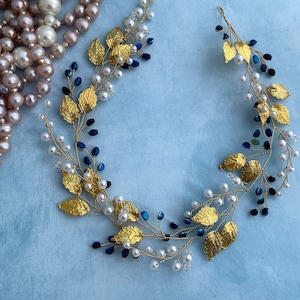 Bridal Hair Vine: Gold Leaf, Navy Blue Pearl Wedding Headpiece Bridesmaids hairpiece