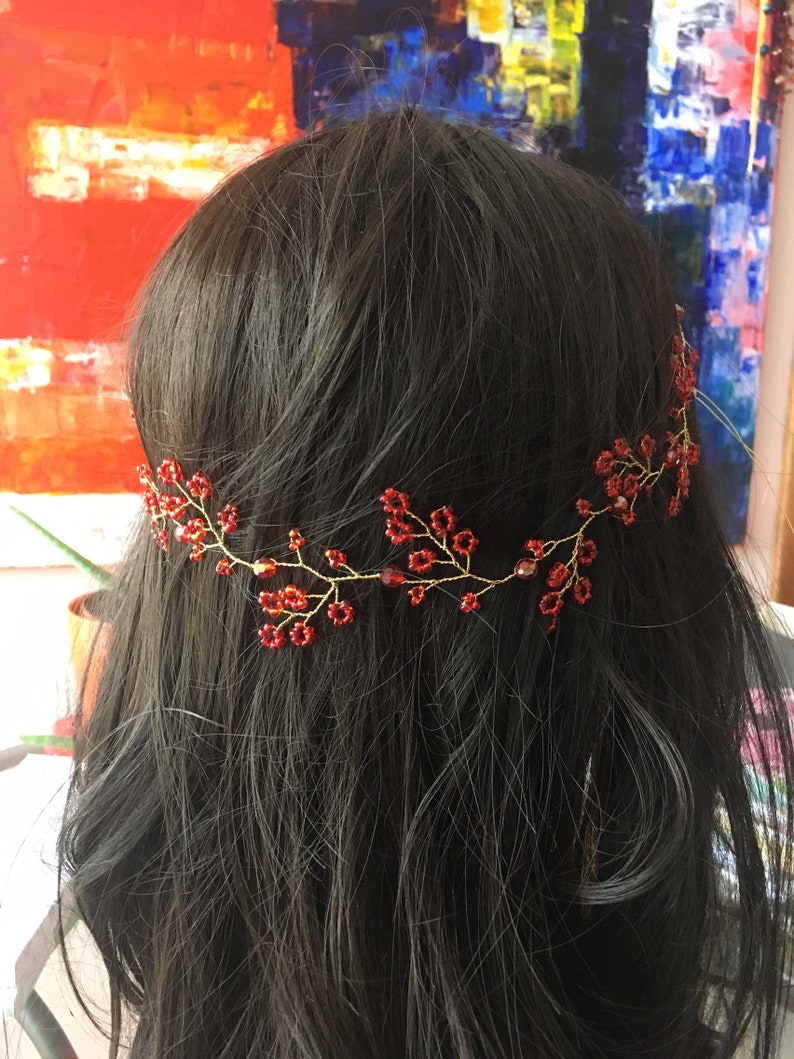 Bridal Hair Vine Red Hair Piece Wedding Headpiece Red Flower Etsy