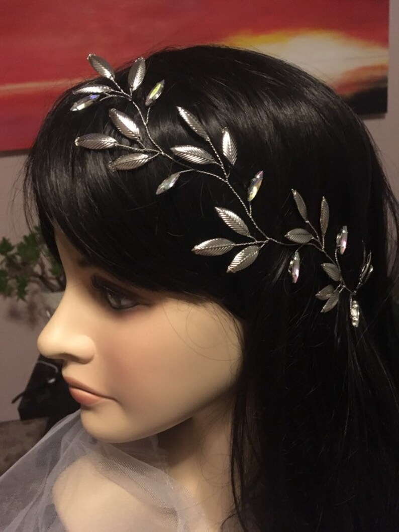 Silver Hair Vine Leaf Hair Piece Rhinestones Bridal Headband Etsy