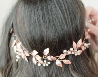 Enredadera para el cabello de boda con hojas de oro rosa: diadema de novia con perlas, tocado para damas de honor