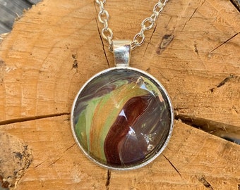 Acrylic Pour Round Silver Pendant with Glass Cabochon - One of a Kind.  Chains sold separately due to many choices.