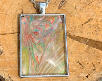 Acrylic Pour Antique Silver Rectangle Pendant with Glass Cabochon - One of a Kind.  Chains sold separately due to many choices.