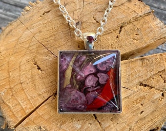 Acrylic Pour Square Silver Pendant with Glass Cabochon - One of a Kind. Chains sold separately due to many choices.