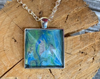 Acrylic Pour Square Silver Pendant with Glass Cabochon - One of a Kind. Chains sold separately due to many choices.