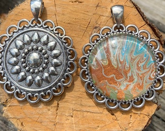 Flower (Double-Sided) Antique Silver Acrylic Pour Pendant with Glass Cabochon - One of a Kind.  Chains sold separately due to many choices.