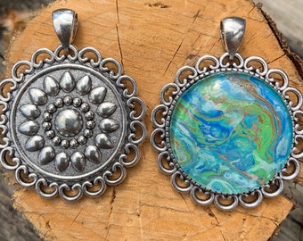 Flower (Double-Sided) Antique Silver Acrylic Pour Pendant with Glass Cabochon - One of a Kind. Chains sold separately due to many choices.