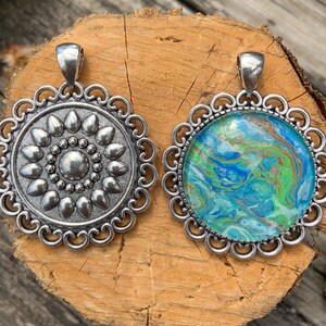 Flower (Double-Sided) Antique Silver Acrylic Pour Pendant with Glass Cabochon - One of a Kind. Chains sold separately due to many choices.