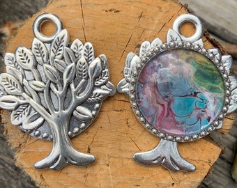 Tree of Life with Acrylic Pour (Double-Sided) Antique Silver Pendant with Glass Cabochon - One of a Kind. Chains sold separately.