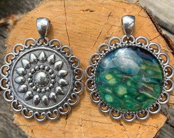 Flower (Double-Sided) Antique Silver Acrylic Pour Pendant with Glass Cabochon - One of a Kind.  Chains sold separately due to many choices.