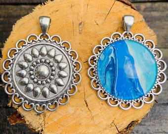 Flower (Double-Sided) Antique Silver Acrylic Pour Pendant with Glass Cabochon - One of a Kind.  Chains sold separately due to many choices.