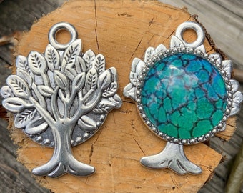 Tree of Life with Acrylic Pour (Double-Sided) Antique Silver Pendant with Glass Cabochon - One of a Kind.  Chains sold separately.