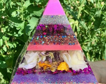 Large Resin Flower Pyramid Lamp in Shades of Purple