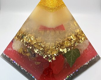 Large Resin Flower Pyramid Lamp in Shades of Red, Gold and Cream with Dried Flowers and Leaves