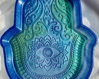 Hamsa Hand Tray (blue glitter and green colors with glitter)