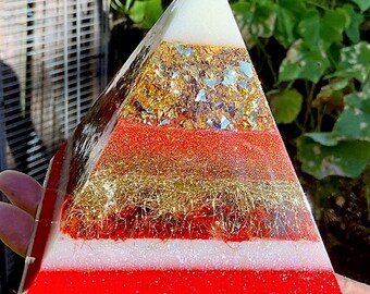 Large Red, Gold and White Resin Pyramid Lamp
