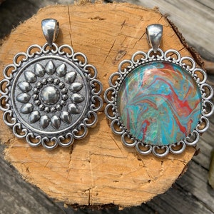 Flower (Double-Sided) Antique Silver Acrylic Pour Pendant with Glass Cabochon - One of a Kind.  Chains sold separately due to many choices.