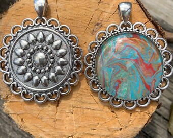 Flower (Double-Sided) Antique Silver Acrylic Pour Pendant with Glass Cabochon - One of a Kind.  Chains sold separately due to many choices.
