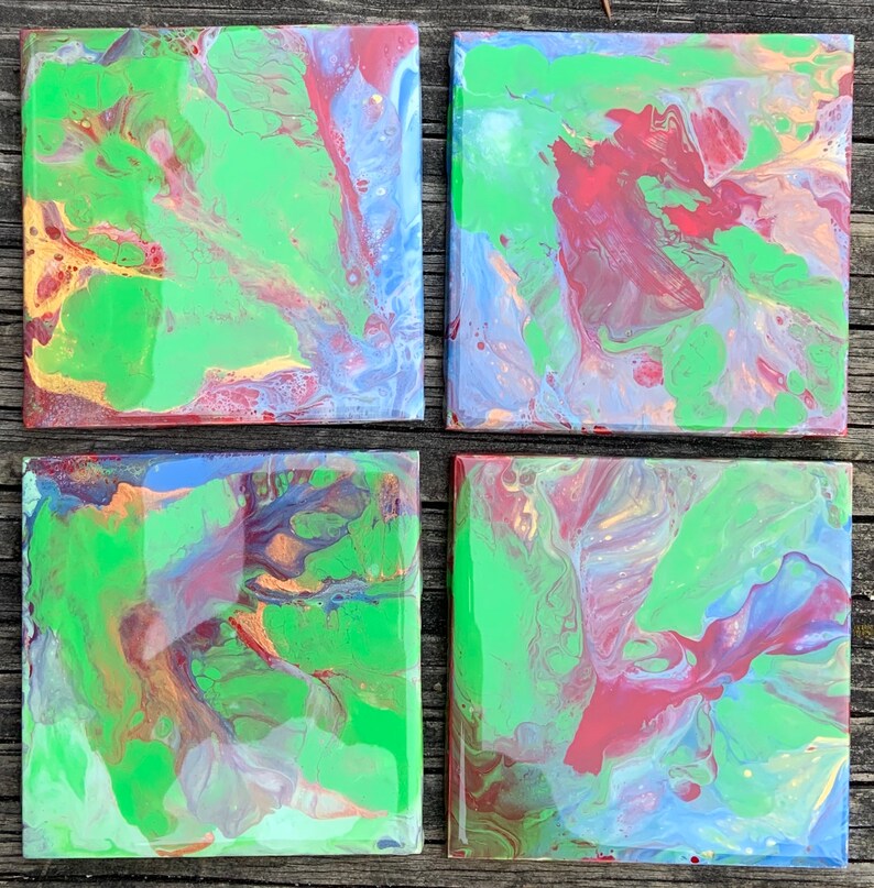 Resin Sealed Handmade Abstract Acrylic Pour Square Coaster Set