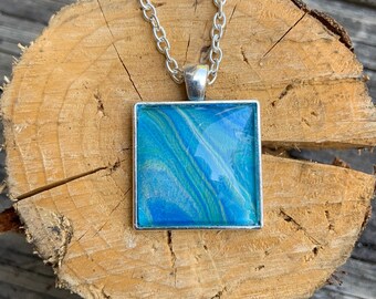 Acrylic Pour Square Silver Pendant with Glass Cabochon - One of a Kind. Chains sold separately due to many choices.