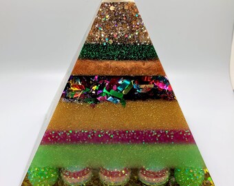 Large Resin Mardi Gras Colors (Purple, Green, Gold, including glitter & shimmer beads) Pyramid Lamp