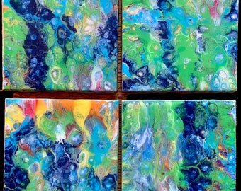 Handmade Abstract Acrylic Pour Square Coaster Set (Resin Sealed)