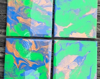 Handmade Abstract Acrylic Pour Square Coaster Set (Resin Sealed)