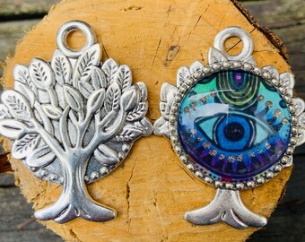 Tree of Life with Evil Eye (Double-Sided) Antique Silver Pendant with Glass Cabochon - One of a Kind.  Chains sold separately.