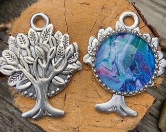 Tree of Life with Acrylic Pour (Double-Sided) Antique Silver Pendant with Glass Cabochon - One of a Kind. Chains sold separately.