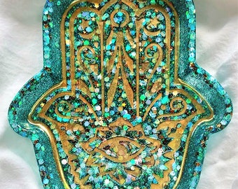 Hamsa Hand Tray (turquoise with holographic glitter and metallic gold)