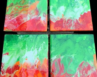 Handmade Abstract Acrylic Pour Square Coaster Set (Resin Sealed)