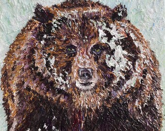 Bear in Snow Oil Painting, Impasto Palette Knife Art (51x77x4cm)