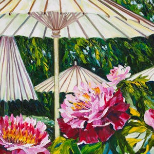 Japanese garden Umbrellas for Peonies Original Oil Painting Sunshine Gardening Collectible Art Gift 45x60cm afbeelding 1