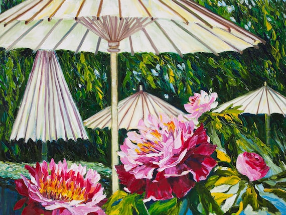 Japanese garden Umbrellas for Peonies Original Oil Painting Sunshine Gardening Collectible Art Gift 45x60cm