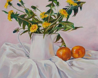 Stilleven met paardebloem, origineel olieverf op doek (40 x 40 cm)