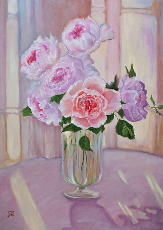 花瓶の中のバラ オリジナル油絵 花の静物画 コレクター向け