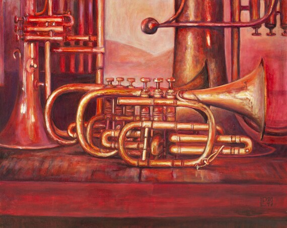 真鍮製オリジナル油絵 トランペット 静物画 コレクター向けアート 音楽 