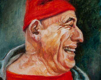 Little Red Riding Hood Original Oil Painting Laughing Man Portrait Collectible Art 18x24cm