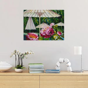 Japanese garden Umbrellas for Peonies Original Oil Painting Sunshine Gardening Collectible Art Gift 45x60cm afbeelding 10