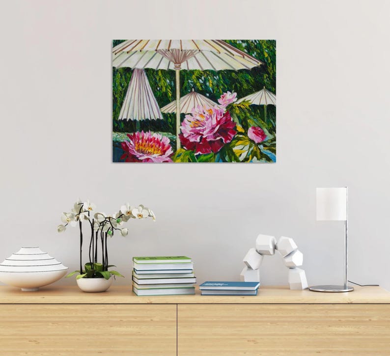 Japanese garden Umbrellas for Peonies Original Oil Painting Sunshine Gardening Collectible Art Gift 45x60cm afbeelding 10