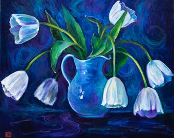 White Tulips In A Jug Original Oil Painting Collectible Art 50x60cm