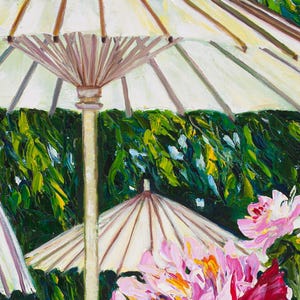 Japanese garden Umbrellas for Peonies Original Oil Painting Sunshine Gardening Collectible Art Gift 45x60cm afbeelding 2