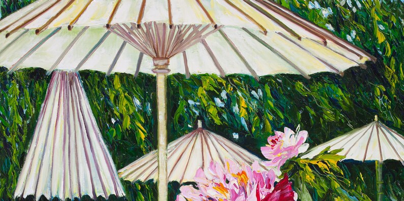 Japanese garden Umbrellas for Peonies Original Oil Painting Sunshine Gardening Collectible Art Gift 45x60cm afbeelding 2