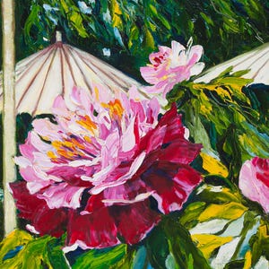 Japanese garden Umbrellas for Peonies Original Oil Painting Sunshine Gardening Collectible Art Gift 45x60cm afbeelding 3