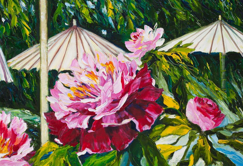 Japanese garden Umbrellas for Peonies Original Oil Painting Sunshine Gardening Collectible Art Gift 45x60cm afbeelding 3