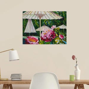 Japanese garden Umbrellas for Peonies Original Oil Painting Sunshine Gardening Collectible Art Gift 45x60cm afbeelding 8