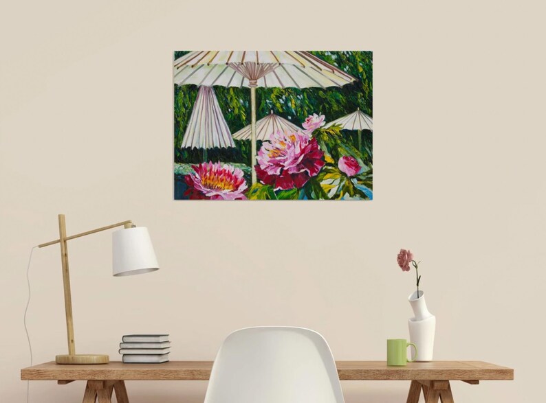 Japanese garden Umbrellas for Peonies Original Oil Painting Sunshine Gardening Collectible Art Gift 45x60cm afbeelding 8