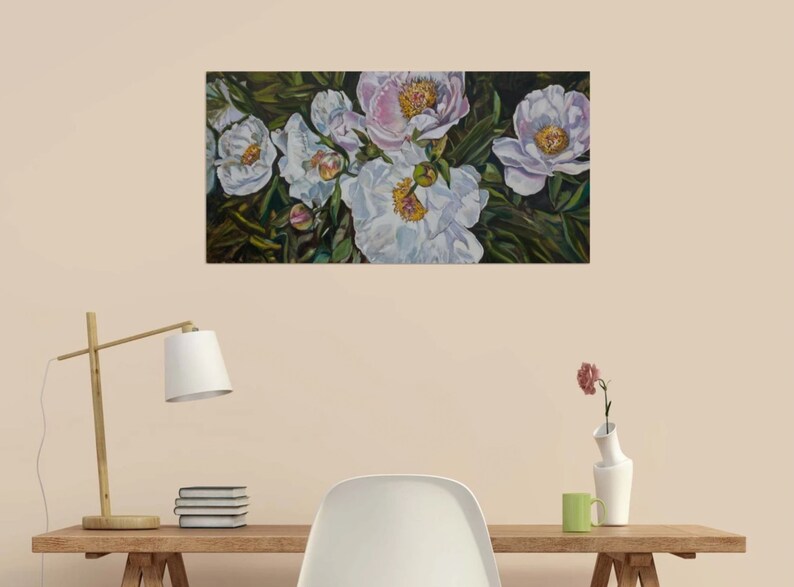 Peonies Original Oil Painting Floral Collectible Art 40x80cm image 6