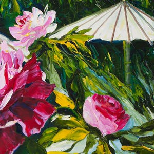 Japanese garden Umbrellas for Peonies Original Oil Painting Sunshine Gardening Collectible Art Gift 45x60cm afbeelding 4